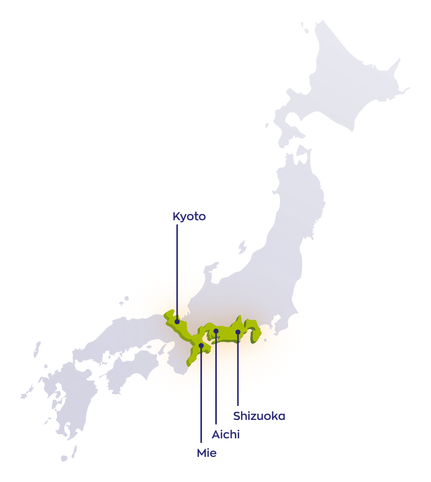 kaart van Japan met de vier plekken waar de matcha is gewonnen