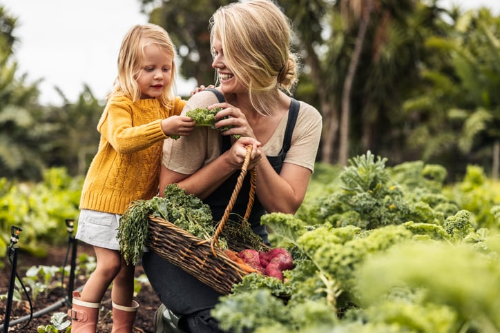 Vrouw oogst eten uit moestuin met kind